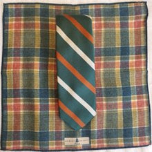 Load image into Gallery viewer, Robert Talbott green, rust, &amp; ivory striped tie with plaid flannel pocket square
