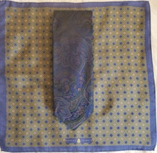 Load image into Gallery viewer, Blue &amp; olive paisley silk tie with olive, navy &amp; tan silk pocket square by Robert Talbott
