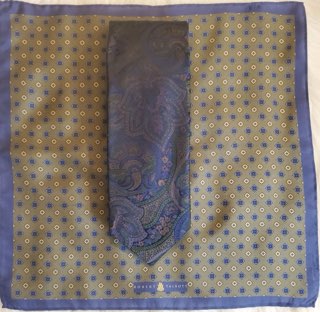 Blue & olive paisley silk tie with olive, navy & tan silk pocket square by Robert Talbott