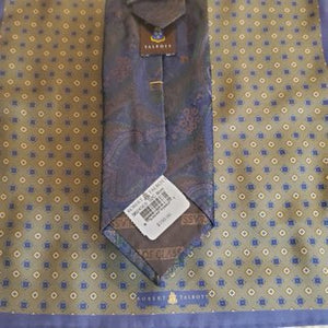 Blue & olive paisley silk tie with olive, navy & tan silk pocket square by Robert Talbott