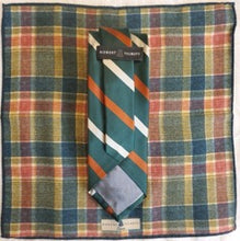 Load image into Gallery viewer, Robert Talbott green, rust, &amp; ivory striped tie with plaid flannel pocket square
