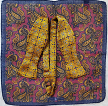 Load image into Gallery viewer, Gold and blue bowtie with complimenting paisley pocket square by Robert Talbott
