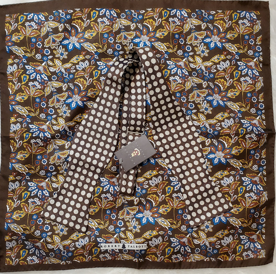 Robert Talbott brown polka dot bowtie with silk floral pocket square