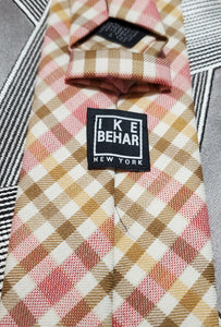 Ike Behar pink, brown and ivory plaid necktie