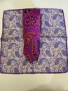 Purple, gold & blue paisley tie with reversible silk pocket square