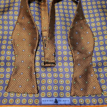 Load image into Gallery viewer, Robert Talbott rust bowtie with purple print silk pocket square with rust border
