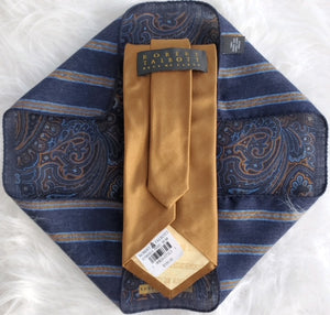 Robert Talbott brown silk sateen necktie with reversible wool pocket square