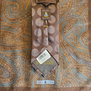 Robert Talbott brown jumbo dot tie with paisley silk pocket square