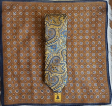 Load image into Gallery viewer, Gold, blue and brown Talbott tie with brown wool pocket square
