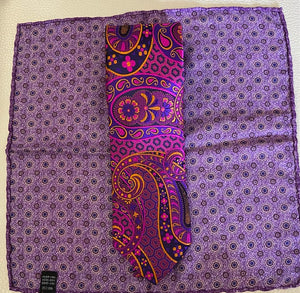 Purple, gold & blue paisley tie with reversible silk pocket square