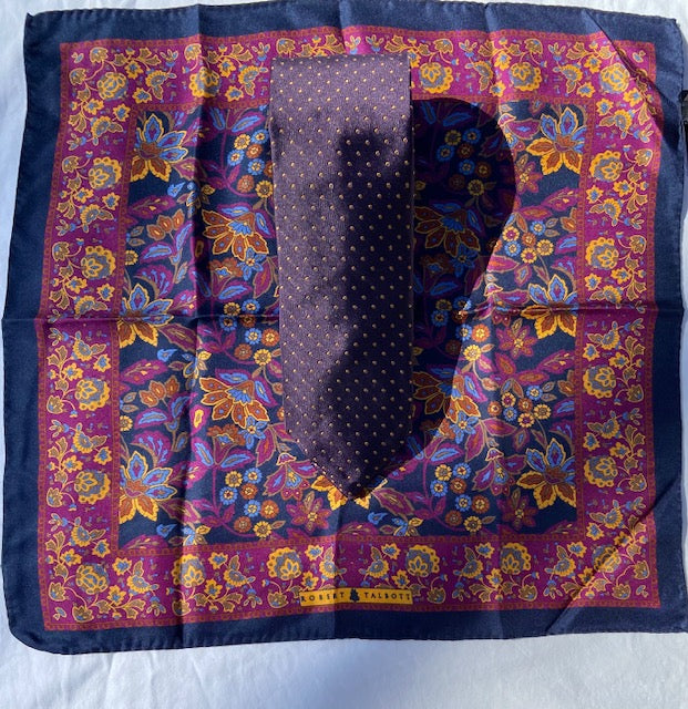 Dark purple silk tie with gold pindots & floral silk pocket square