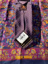 Load image into Gallery viewer, Dark purple silk tie with gold pindots &amp; floral silk pocket square
