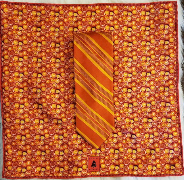 Robert Talbott orange striped tie & red/orange silk floral pocket square