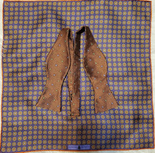 Load image into Gallery viewer, Robert Talbott rust bowtie with purple print silk pocket square with rust border
