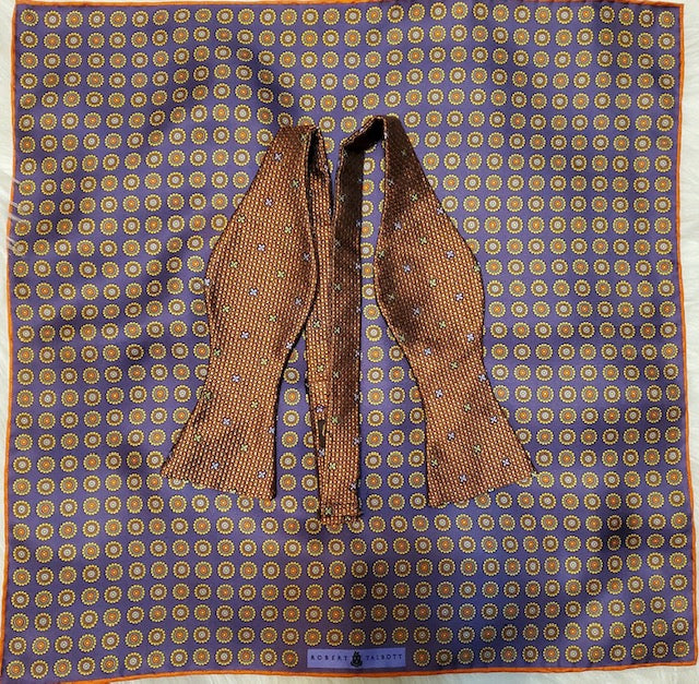 Robert Talbott rust bowtie with purple print silk pocket square with rust border