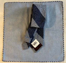 Load image into Gallery viewer, Robert Talbott blue striped tie with light blue cotton square with navy border
