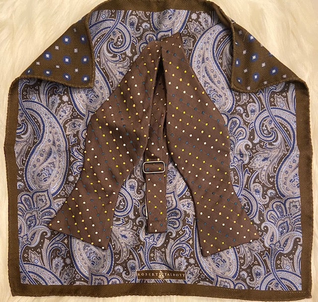 Robert Talbott brown polka dot bowtie with a reversible paisley silk pocket square