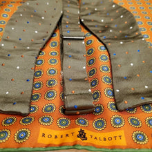 Load image into Gallery viewer, Robert Talbott olive, white &amp; blue pin dot bowtie with rust circular print silk square
